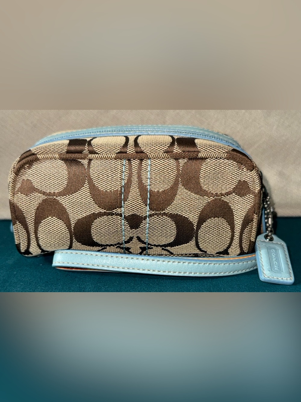 Coach Vintage Y2K Brown Signature Cosmetic Pouch with Light Blue Trim